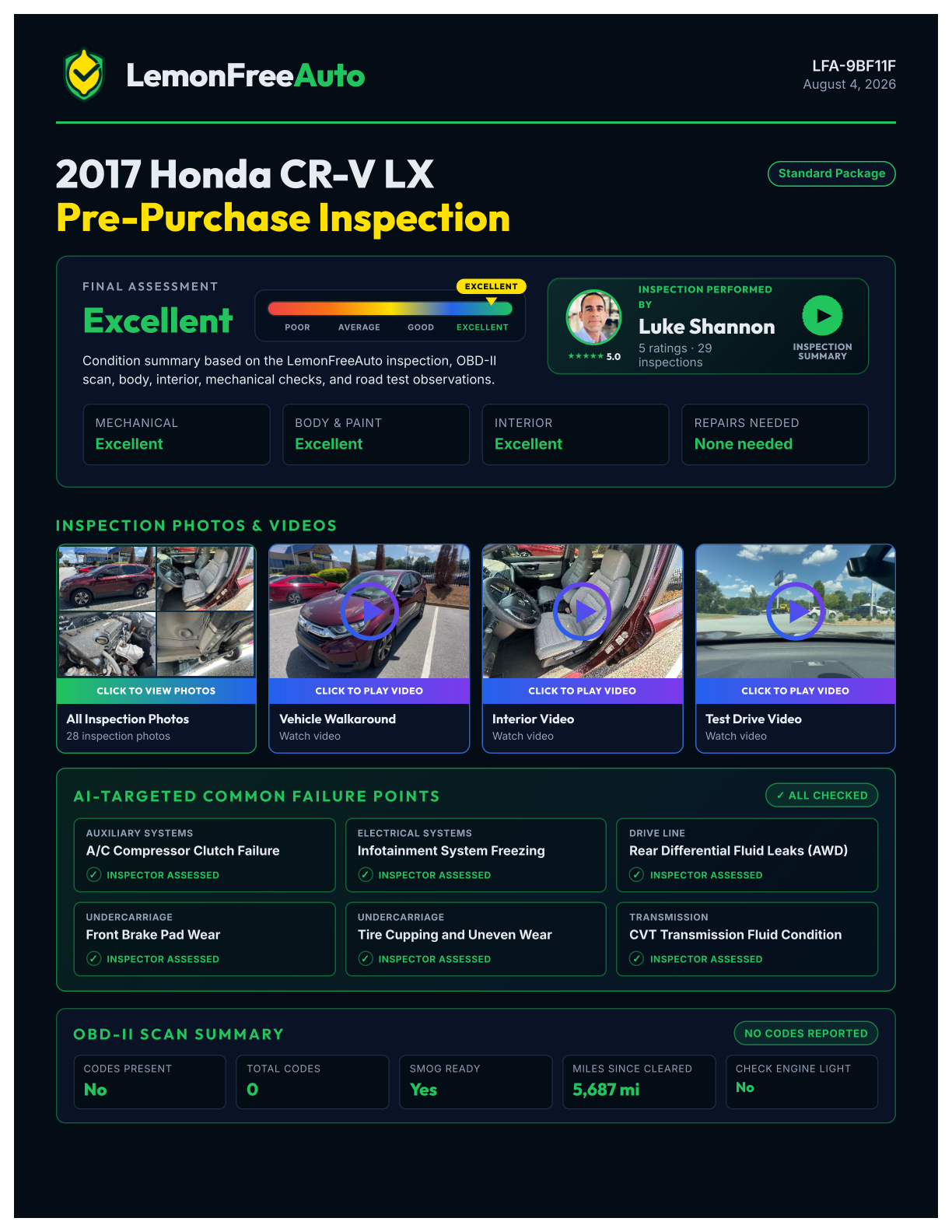 First page of the published LemonFreeAuto inspection report for a 2017 Honda CR-V LX