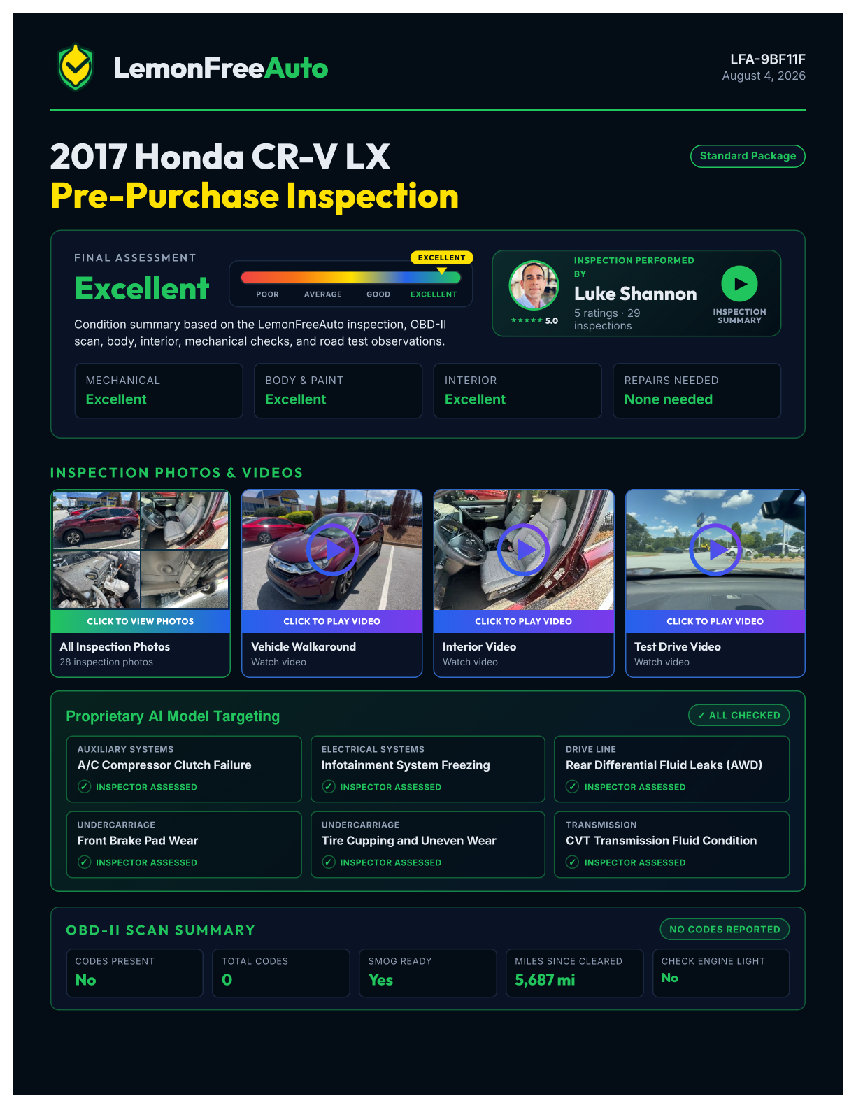 First page of the LemonFreeAuto 2017 Honda CR-V LX sample inspection report